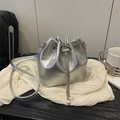 Silver bucket bag in oil-wax finish with metallic chain drawstring and pearl charms - Silver