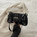 Punk black patent leather shoulder bag with silver buckles and metal rivets detail - Black