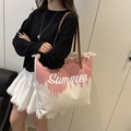 Borsa tote in tela sfumata rosa con stampa Summer e dettagli sfrangiati donna - Rosa