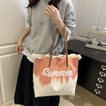 Borsa da spiaggia in tela sfumata rosa e bianca con scritta Summer e nappe - Arancione