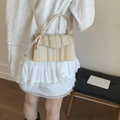 Striped woven straw crossbody bag in beige and cream white with braided handle - Beige