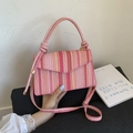 Pink and orange woven small square handbag with knotted top handle and flap closure - Pink