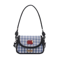 Mini borsa a sella a quadretti blu e bianchi con ricamo a mela e bordi in pelle nera - Nero