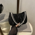 Elegant black pleated underarm bag with pearl and silver metal star chain straps - Pleated Texture Pearl Chain (2767) / Black