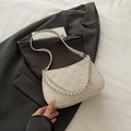 Cream pearl double chain underarm bag with quilted diamond embroidery and metal strap - Quilted Embroidery Pearl Chain (2767) / Beige