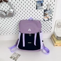Detail of purple and black contrast backpack with drawstring flap and fashion logo - Large Purple No Charm