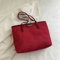 Retro deep red suede tote bag with dual top handles and minimalist brand patch - Red