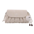 Chic off-white pleated leather shoulder bag with metal chain and cute plush pendant - No Pendant / White