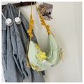 Light green nylon crescent crossbody bag with yellow ruched strap and flower charm - Green (With Flower Charm)