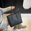 Minimalist black matte leather large capacity tote bag with long handles for daily commuting - Black