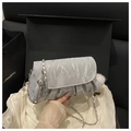 Silver pleated shoulder bag with chain strap and fuzzy ball charm in a gift box - With Charm / Silver
