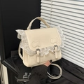 Elegante borsa a mano in pelle PU bianco crema con bordo in pizzo e fiocchi ricamati - Con Sciarpa di Seta / Bianco