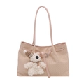 Chic beige woven leather tote bag for women with a cute plush bear charm accessory - Pink With Pendant