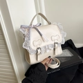 Borsa a mano in PU bianco crema con pizzo e fiocco a quadretti, stile Lolita versatile - Bianco (Con Sciarpa)