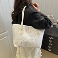 Borsa tote in tela bianca con ricami ondulati e motivi a rombi strutturati da donna - Bianco Senza Pendente