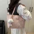 Pink quilted tote bag with colorful wavy stitching and a cute cloud plush charm accessory - Pink With Cloud Pendant