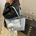 Quilted light blue canvas tote bag with colorful wave embroidery and plush cloud charm - Blue With Cloud Pendant