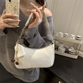 Glossy white faux leather baguette bag with gold chain strap and cherry charm pendant - White (With Cherry Charm)
