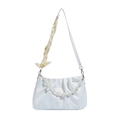 White ruched cloud shoulder bag with pearl chain and silk scarf wrapped strap - White