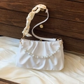 White pleated cloud bag with pearl chain and champagne satin handle on white silk - Off White
