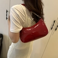 Glossy red patent leather baguette bag with gold chain strap for shoulder and crossbody wear - Basic Style / Red (No Pendant)