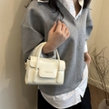 Elegant creamy white crossbody small square bag with golden handles and fashion text - White