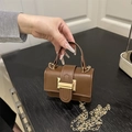 Brown small square handbag with gold metal chain strap and decorative rectangular buckle - Brown