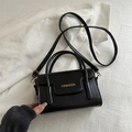 Minimalist black faux leather crossbody square bag with gold FASHION lettering - Black