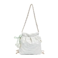 White quilted bucket bag with gold chain strap and green tulip pendant on white background - Off White