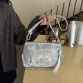 Borsa in raso argento con ricamo tradizionale cinese e ciondolo con nappa e perline - Grigio (Con Ciondolo)