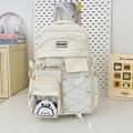 Sac à dos scolaire blanc crème à grande capacité avec poches multiples et peluche panda - Avec Charme / Poche zippée