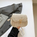 Beige woven crossbody bag featuring green floral embroidery and gold metal clasp - White