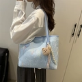 Light blue tote bag with rainbow embroidery and cute plush bear charm for summer - Blue (With Pendant)