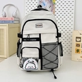 Sac à dos étudiant ergonomique blanc cassé avec grande capacité et fenêtre panda - Avec Charme / Gris