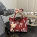 Large red tote bag with colorful wave embroidery and plush bear charm for daily use - Red (With Pendant)