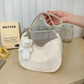 White dumpling-style crossbody bag with wrinkled texture and cute bear pendant - Beige (With Bear Charm)