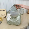 Light green pleated dumpling bag with cute bear charm and metal zipper closure - Green (With Bear Charm)