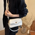 Minimalist white leather baguette bag with gold metal buckle and adjustable strap - White