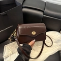 Fashionable dark brown patent leather crossbody bag with elegant wavy flap and gold lock - Dark Brown