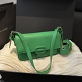 Green leather baguette shoulder bag with matching mini pouch in a gift box - Green