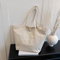 Minimalistische cremefarbene Canvas-Einkaufstasche mit Stickerei und großem Fassungsvermögen - Weiß