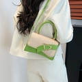 Straw woven and green leather crossbody bag with golden D-shaped buckle and top handle - Green