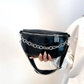Fashionable black glossy waist bag for women featuring a bold silver chain and woven strap - Black