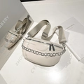 Creamy white high-gloss waist bag for women with silver metal chain and adjustable strap - White