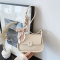 Cream white faux leather crossbody bag with flap and decorative striped silk scarf - No Pendant / Off White