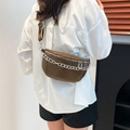 Chic dark brown faux leather chest bag with silver chain and woven strap for women - Brown