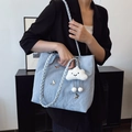 Light blue pleated tote bag with golden butterfly detail and plush cloud charm - With Cloud Charm / Blue