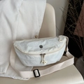 Creamy white nylon crossbody chest bag with round logo and adjustable wide shoulder strap - White