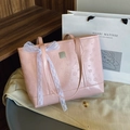 Pink embossed faux leather tote bag with lace ribbon and crown patterns for women - With Silk Scarf / Pink