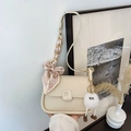 Creamy saddle bag featuring striped silk scarf bow and fluffy plush doll charm detail - With Brown Shoe Elf Pendant / Off White